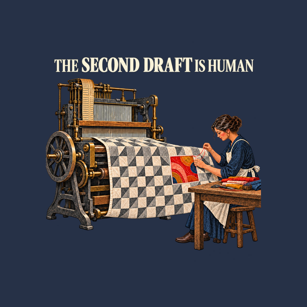 Illustration of an antique loom feeding a gray-and-cream geometric quilt to a seated woman in navy and apron, stitching a colorful red, coral, ochre and blue patch into it with red thread. Headline reads THE SECOND DRAFT IS HUMAN. Artwork shown on the Navy garment colour.