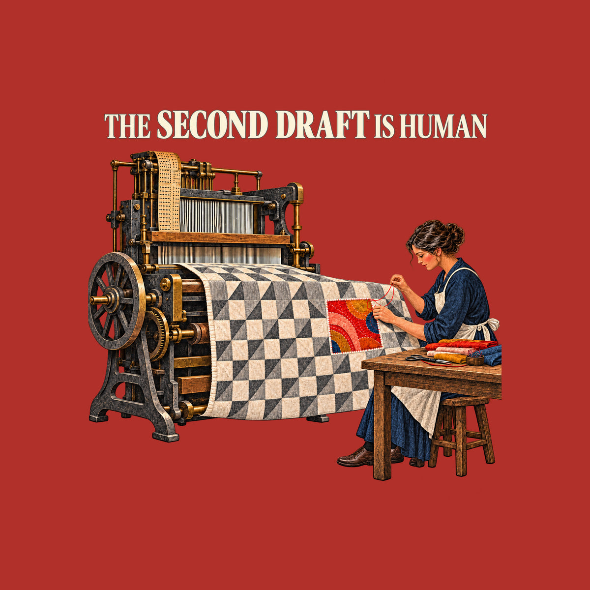 Illustration of an antique loom feeding a gray-and-cream geometric quilt to a seated woman in navy and apron, stitching a colorful red, coral, ochre and blue patch into it with red thread. Headline reads THE SECOND DRAFT IS HUMAN. Artwork shown on the Red garment colour.