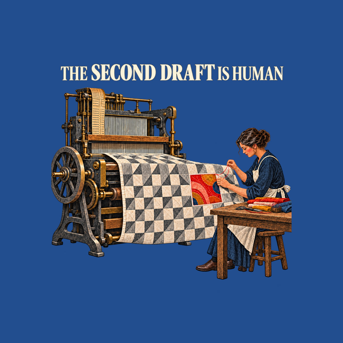 Illustration of an antique loom feeding a gray-and-cream geometric quilt to a seated woman in navy and apron, stitching a colorful red, coral, ochre and blue patch into it with red thread. Headline reads THE SECOND DRAFT IS HUMAN. Artwork shown on the Royal garment colour.