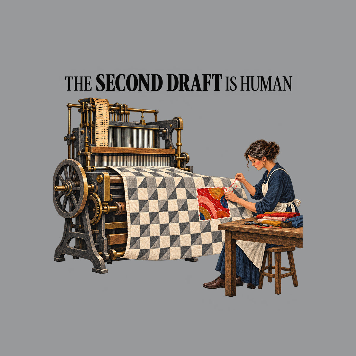 Illustration of an antique loom feeding a gray-and-cream geometric quilt to a seated woman in navy and apron, stitching a colorful red, coral, ochre and blue patch into it with red thread. Headline reads THE SECOND DRAFT IS HUMAN. Artwork shown on the Sport Grey garment colour.