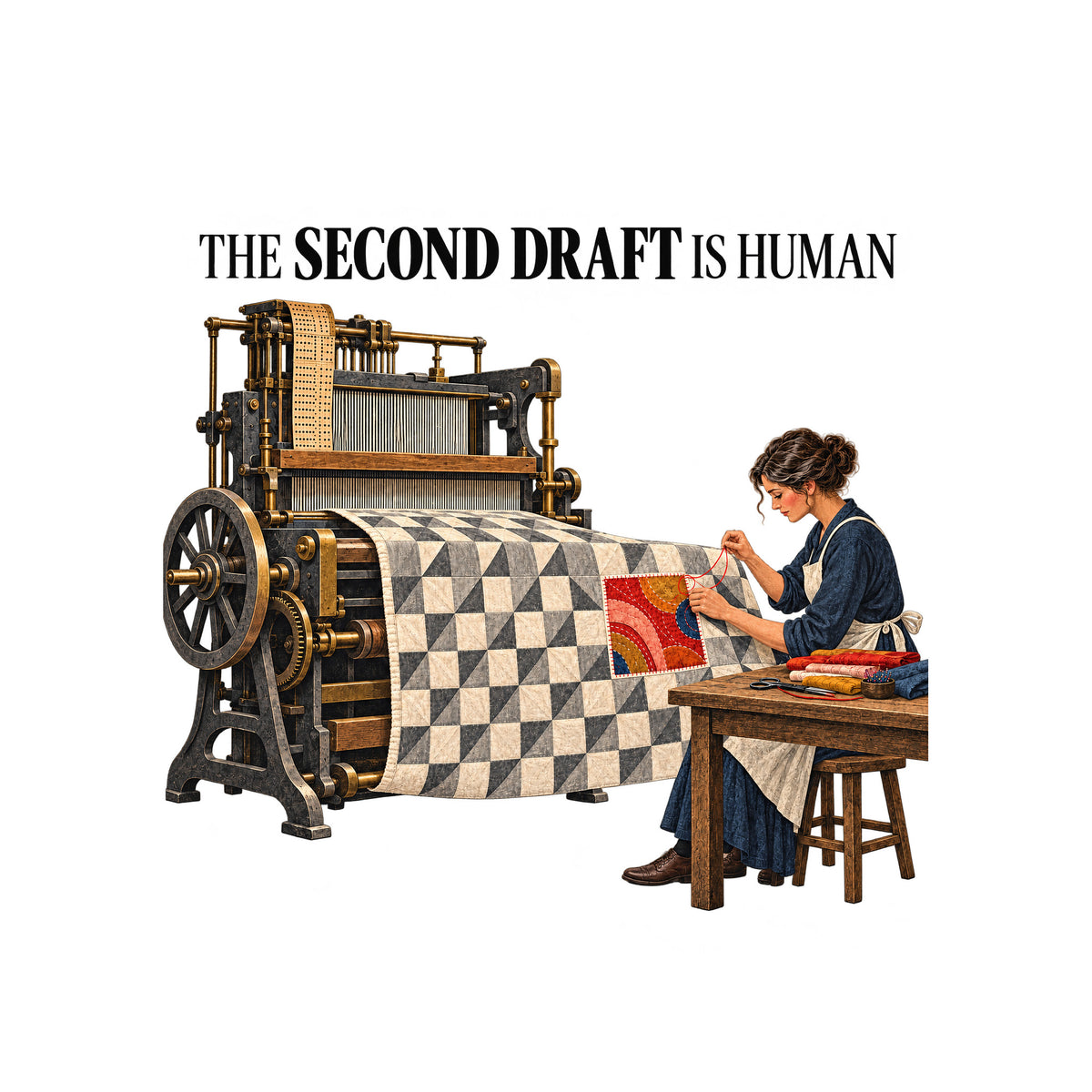 Illustration of an antique loom feeding a gray-and-cream geometric quilt to a seated woman in navy and apron, stitching a colorful red, coral, ochre and blue patch into it with red thread. Headline reads THE SECOND DRAFT IS HUMAN. Artwork shown on the White garment colour.