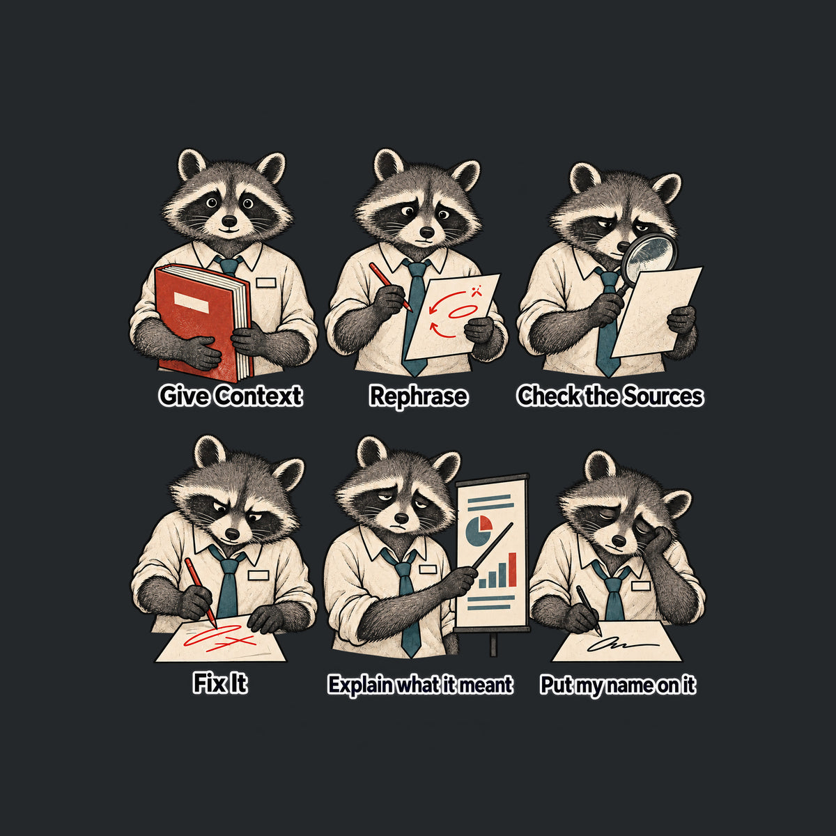 Six-panel cream illustration of the same anthropomorphic raccoon in a shirt and teal tie, growing progressively more tired, captioned in order: Give Context, Rephrase, Check the Sources, Fix It, Explain what it meant, Put my name on it. Artwork shown on the Black garment colour.
