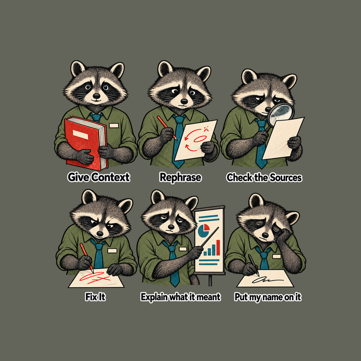 Six-panel cream illustration of the same anthropomorphic raccoon in a shirt and teal tie, growing progressively more tired, captioned in order: Give Context, Rephrase, Check the Sources, Fix It, Explain what it meant, Put my name on it. Artwork shown on the Military Green garment colour.