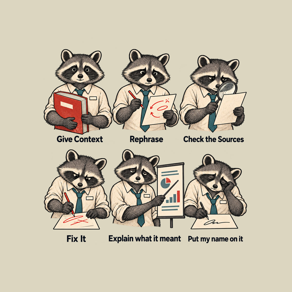 Six-panel cream illustration of the same anthropomorphic raccoon in a shirt and teal tie, growing progressively more tired, captioned in order: Give Context, Rephrase, Check the Sources, Fix It, Explain what it meant, Put my name on it. Artwork shown on the Natural garment colour.