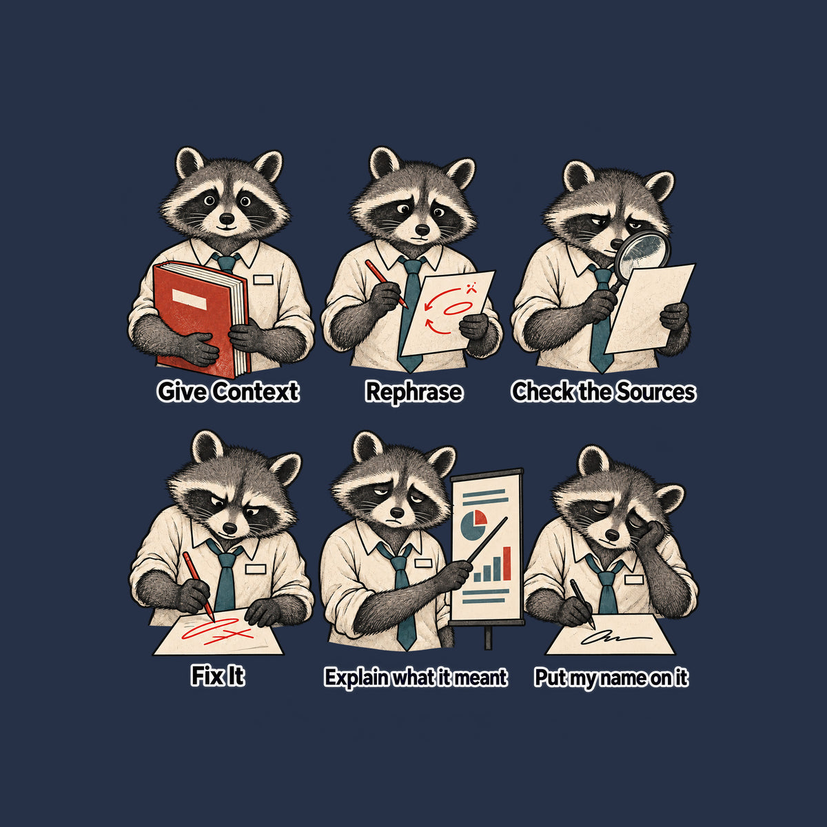 Six-panel cream illustration of the same anthropomorphic raccoon in a shirt and teal tie, growing progressively more tired, captioned in order: Give Context, Rephrase, Check the Sources, Fix It, Explain what it meant, Put my name on it. Artwork shown on the Navy garment colour.