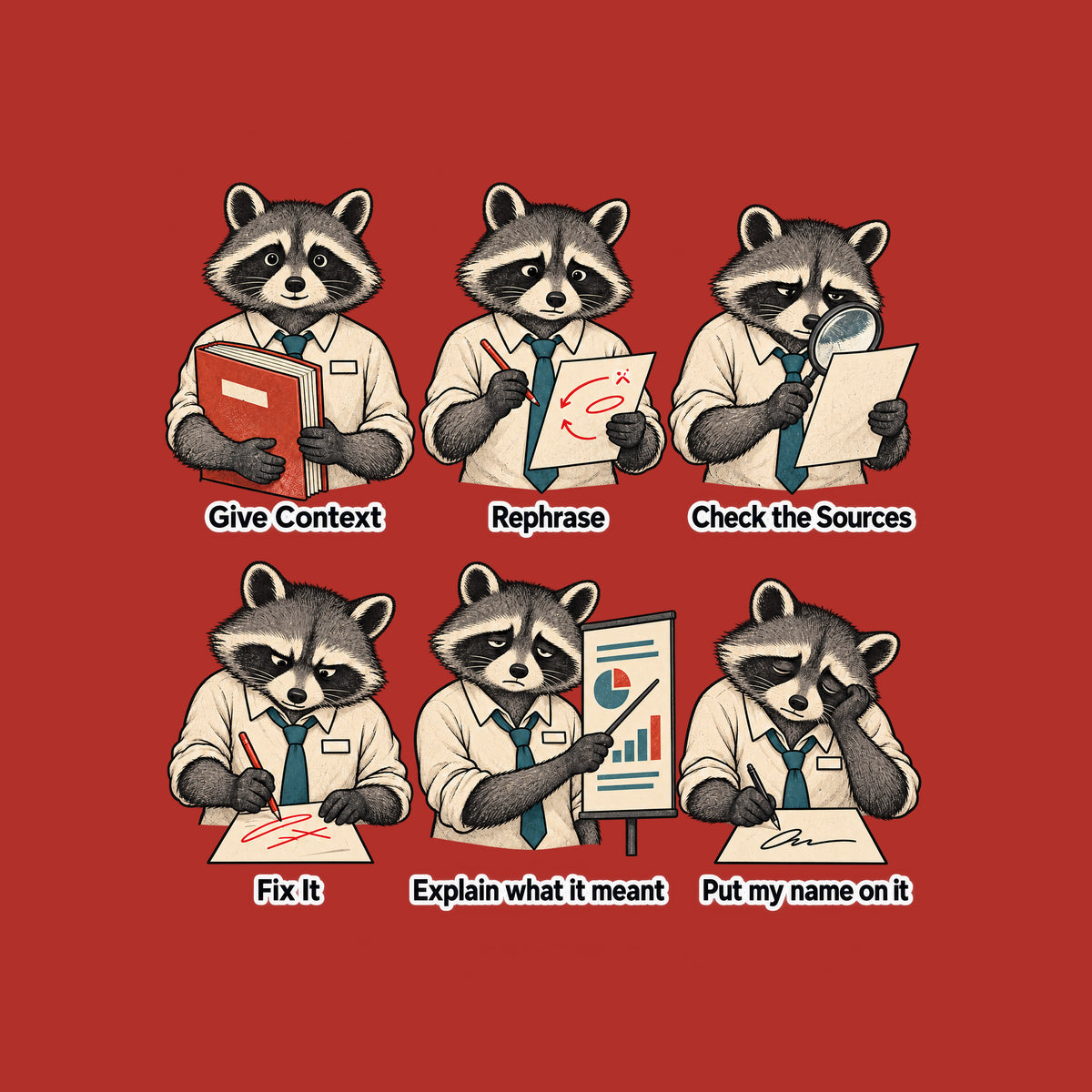 Six-panel cream illustration of the same anthropomorphic raccoon in a shirt and teal tie, growing progressively more tired, captioned in order: Give Context, Rephrase, Check the Sources, Fix It, Explain what it meant, Put my name on it. Artwork shown on the Red garment colour.