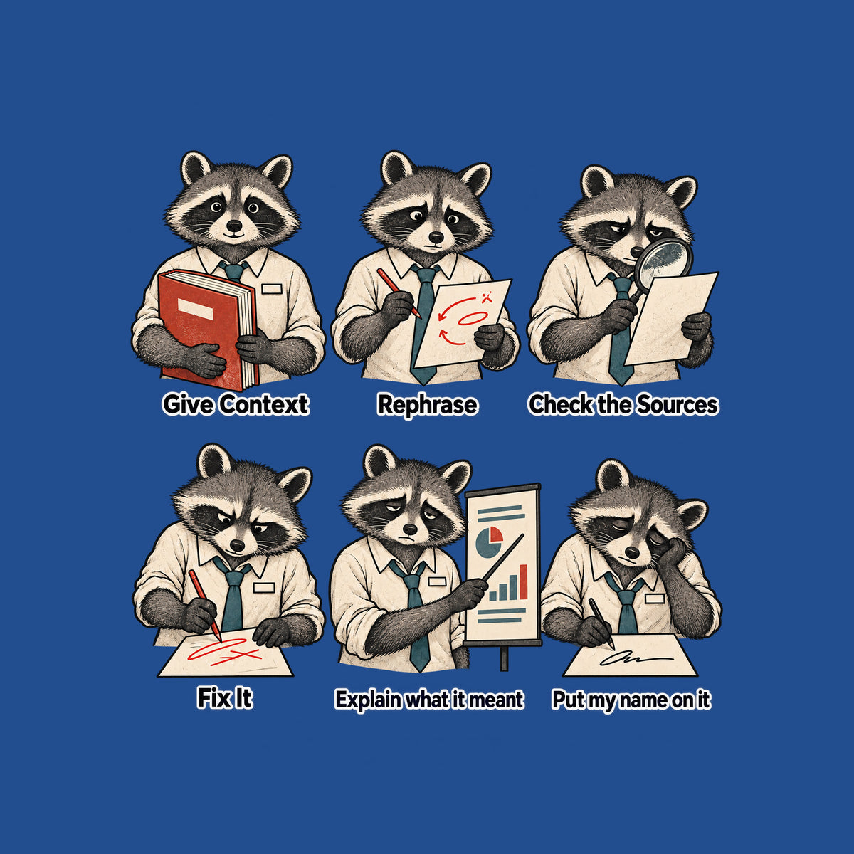 Six-panel cream illustration of the same anthropomorphic raccoon in a shirt and teal tie, growing progressively more tired, captioned in order: Give Context, Rephrase, Check the Sources, Fix It, Explain what it meant, Put my name on it. Artwork shown on the Royal garment colour.