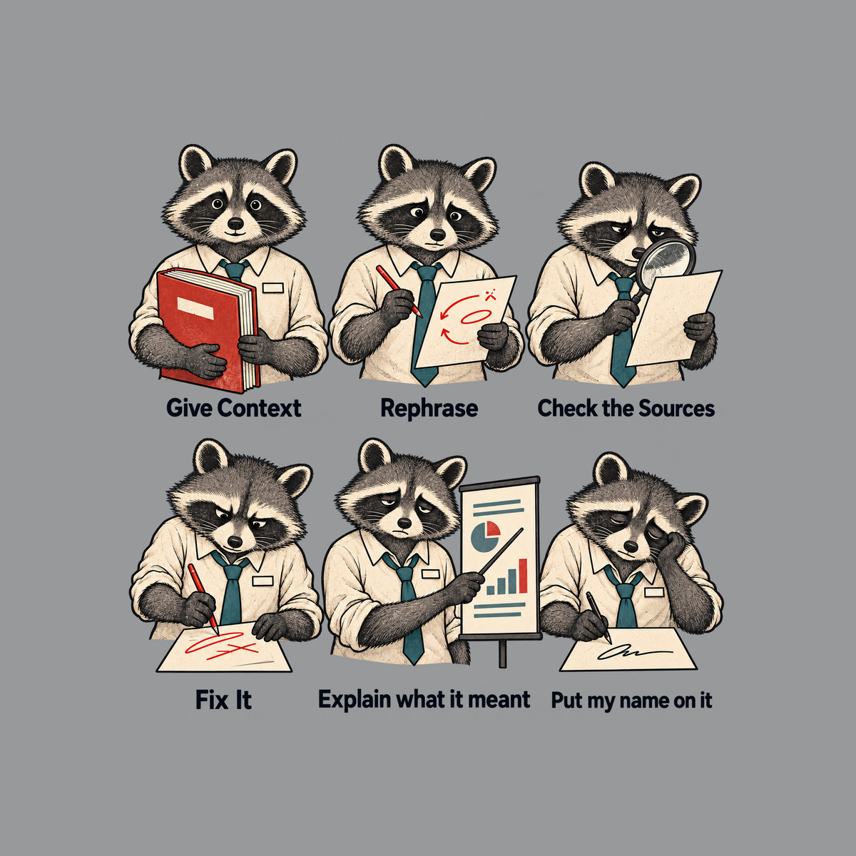 Six-panel cream illustration of the same anthropomorphic raccoon in a shirt and teal tie, growing progressively more tired, captioned in order: Give Context, Rephrase, Check the Sources, Fix It, Explain what it meant, Put my name on it. Artwork shown on the Sport Grey garment colour.