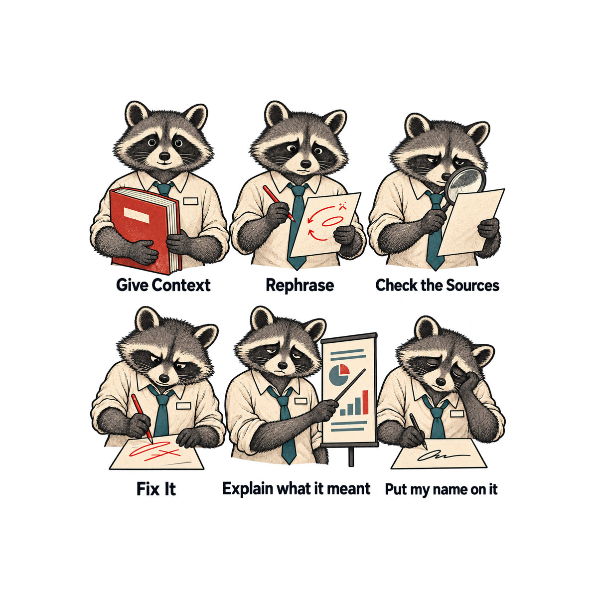Six-panel cream illustration of the same anthropomorphic raccoon in a shirt and teal tie, growing progressively more tired, captioned in order: Give Context, Rephrase, Check the Sources, Fix It, Explain what it meant, Put my name on it. Artwork shown on the White garment colour.