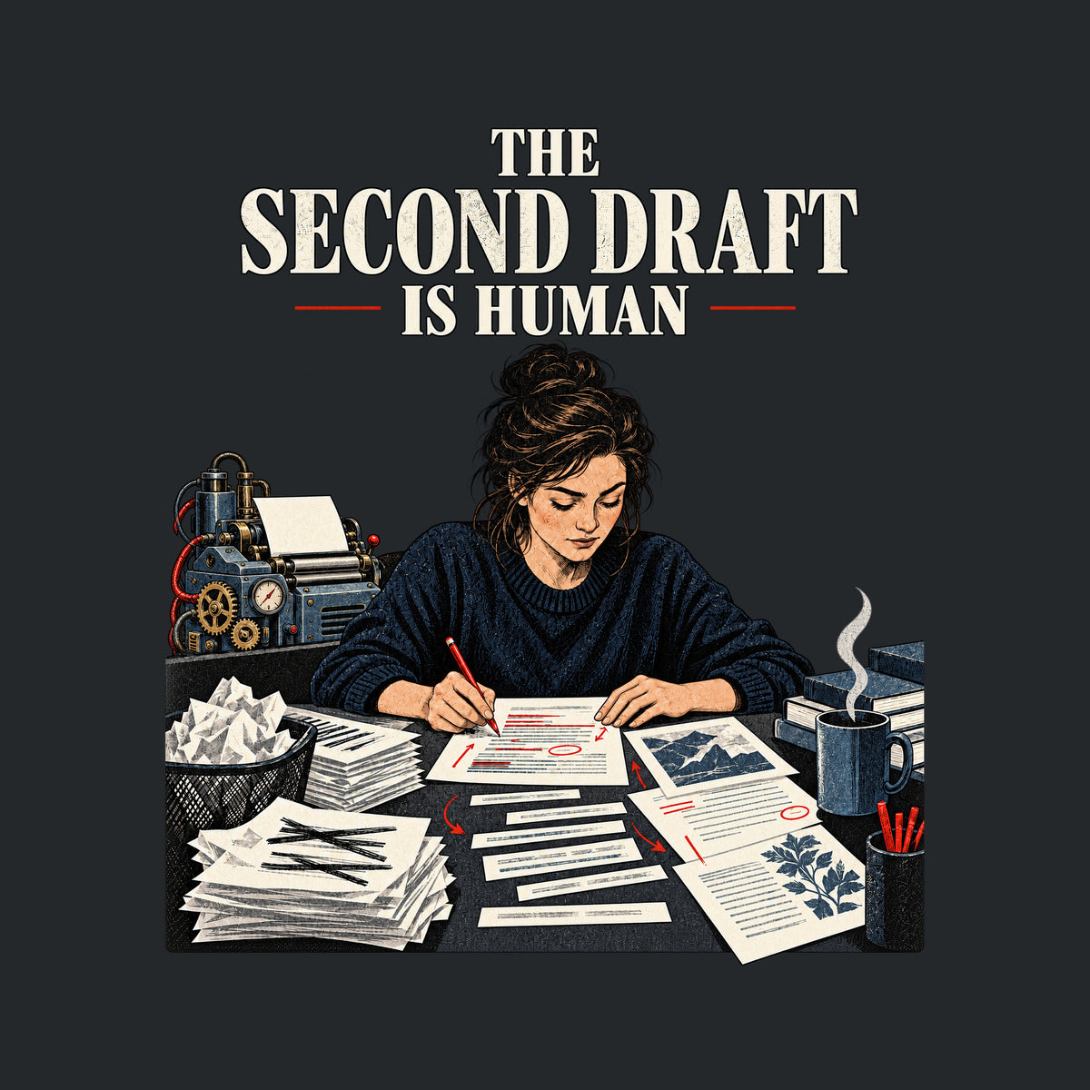 Woman leaning over a cluttered desk, red-penciling a marked-up draft among stacked papers and books. Behind her, a gear-and-tube robotic drafting machine. Headline above reads THE SECOND DRAFT IS HUMAN. Artwork shown on the Black garment colour.