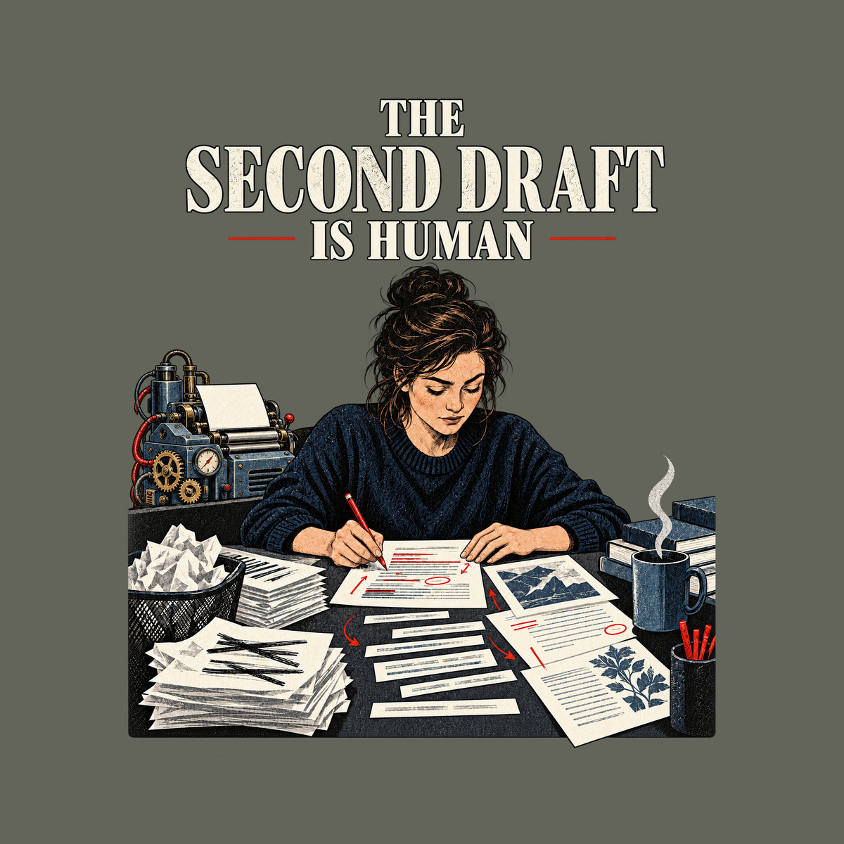 Woman leaning over a cluttered desk, red-penciling a marked-up draft among stacked papers and books. Behind her, a gear-and-tube robotic drafting machine. Headline above reads THE SECOND DRAFT IS HUMAN. Artwork shown on the Military Green garment colour.