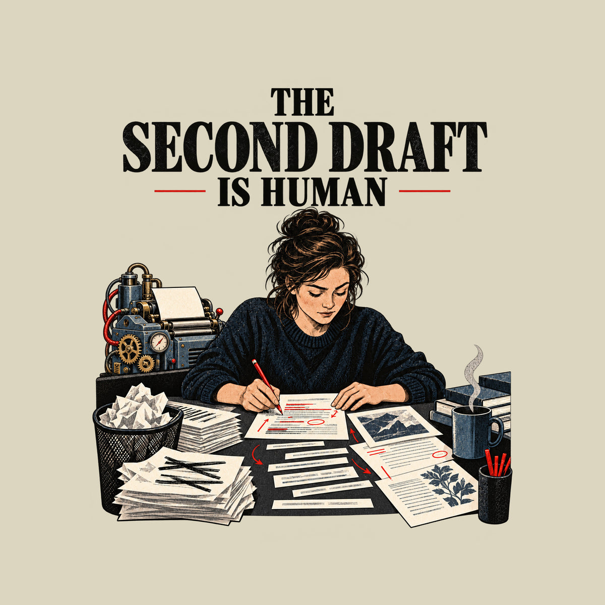 Woman leaning over a cluttered desk, red-penciling a marked-up draft among stacked papers and books. Behind her, a gear-and-tube robotic drafting machine. Headline above reads THE SECOND DRAFT IS HUMAN. Artwork shown on the Natural garment colour.