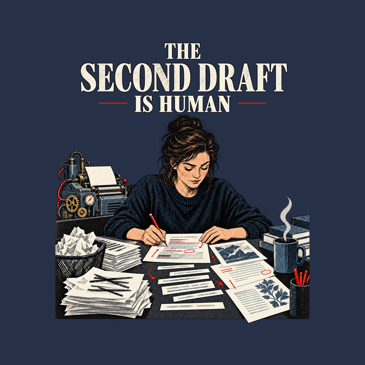 Woman leaning over a cluttered desk, red-penciling a marked-up draft among stacked papers and books. Behind her, a gear-and-tube robotic drafting machine. Headline above reads THE SECOND DRAFT IS HUMAN. Artwork shown on the Navy garment colour.