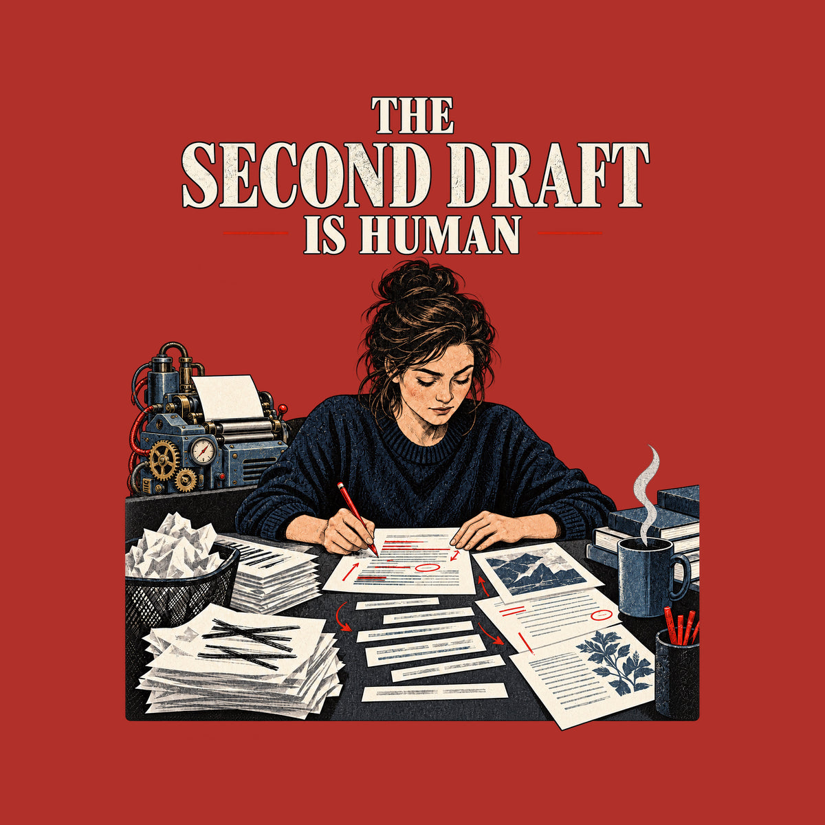 Woman leaning over a cluttered desk, red-penciling a marked-up draft among stacked papers and books. Behind her, a gear-and-tube robotic drafting machine. Headline above reads THE SECOND DRAFT IS HUMAN. Artwork shown on the Red garment colour.
