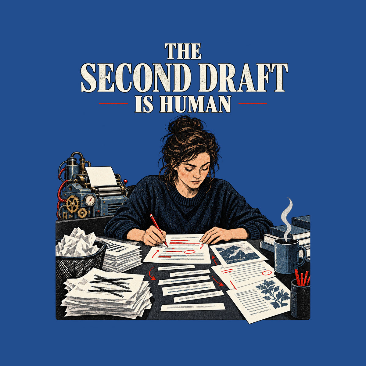 Woman leaning over a cluttered desk, red-penciling a marked-up draft among stacked papers and books. Behind her, a gear-and-tube robotic drafting machine. Headline above reads THE SECOND DRAFT IS HUMAN. Artwork shown on the Royal garment colour.