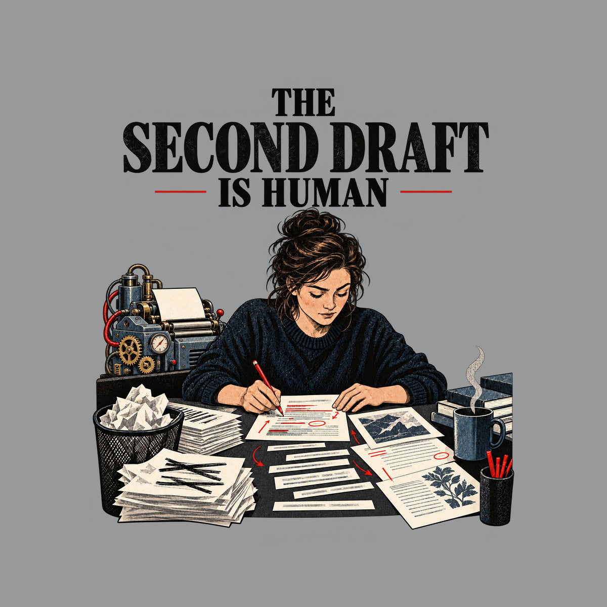 Woman leaning over a cluttered desk, red-penciling a marked-up draft among stacked papers and books. Behind her, a gear-and-tube robotic drafting machine. Headline above reads THE SECOND DRAFT IS HUMAN. Artwork shown on the Sport Grey garment colour.