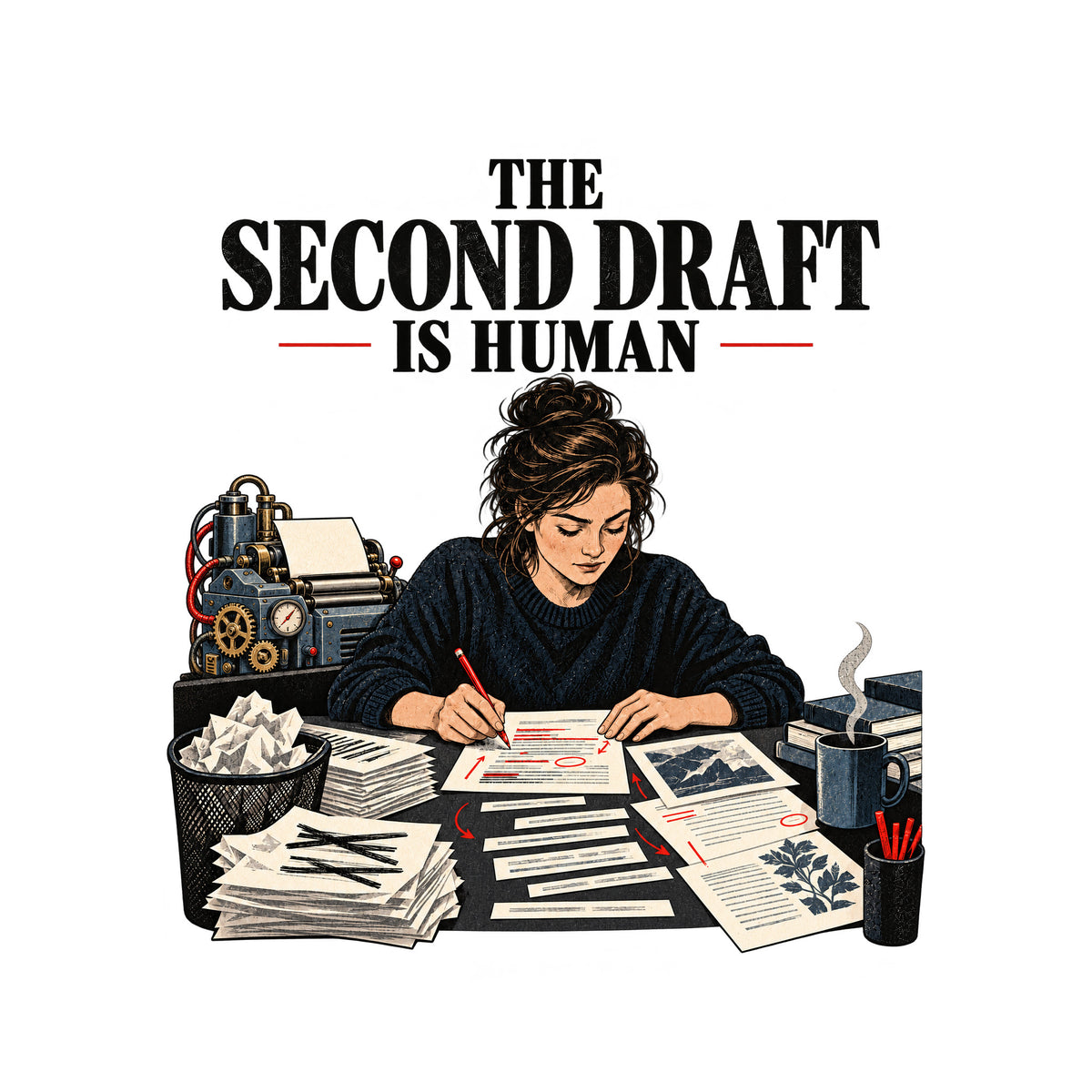 Woman leaning over a cluttered desk, red-penciling a marked-up draft among stacked papers and books. Behind her, a gear-and-tube robotic drafting machine. Headline above reads THE SECOND DRAFT IS HUMAN. Artwork shown on the White garment colour.
