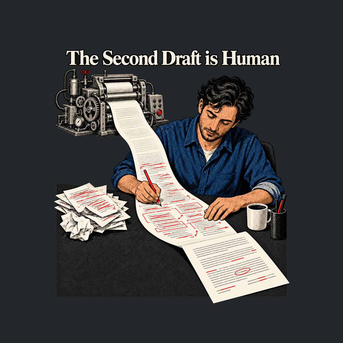 Illustration of a man with dark wavy hair making red-pencil corrections on a long paper scroll fed by an ornate mechanical drafting machine, beside a coffee mug and crumpled discarded pages, under the headline "The Second Draft is Human." Artwork shown on the Black garment colour.