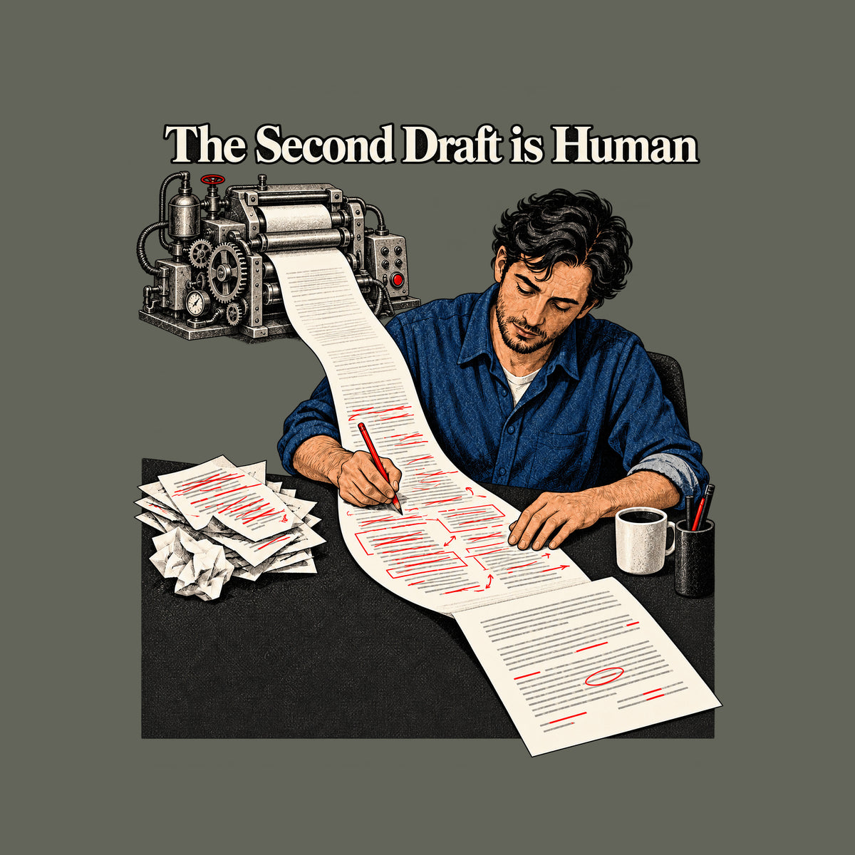 Illustration of a man with dark wavy hair making red-pencil corrections on a long paper scroll fed by an ornate mechanical drafting machine, beside a coffee mug and crumpled discarded pages, under the headline "The Second Draft is Human." Artwork shown on the Military Green garment colour.