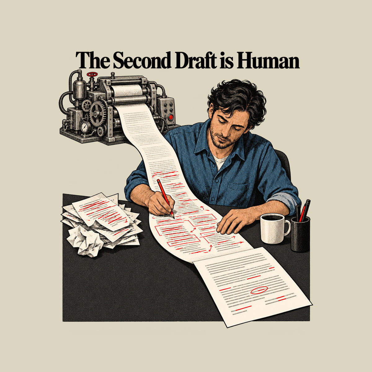 Illustration of a man with dark wavy hair making red-pencil corrections on a long paper scroll fed by an ornate mechanical drafting machine, beside a coffee mug and crumpled discarded pages, under the headline "The Second Draft is Human." Artwork shown on the Natural garment colour.
