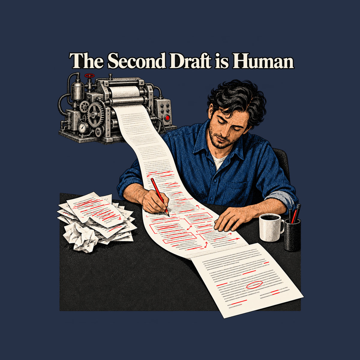 Illustration of a man with dark wavy hair making red-pencil corrections on a long paper scroll fed by an ornate mechanical drafting machine, beside a coffee mug and crumpled discarded pages, under the headline "The Second Draft is Human." Artwork shown on the Navy garment colour.