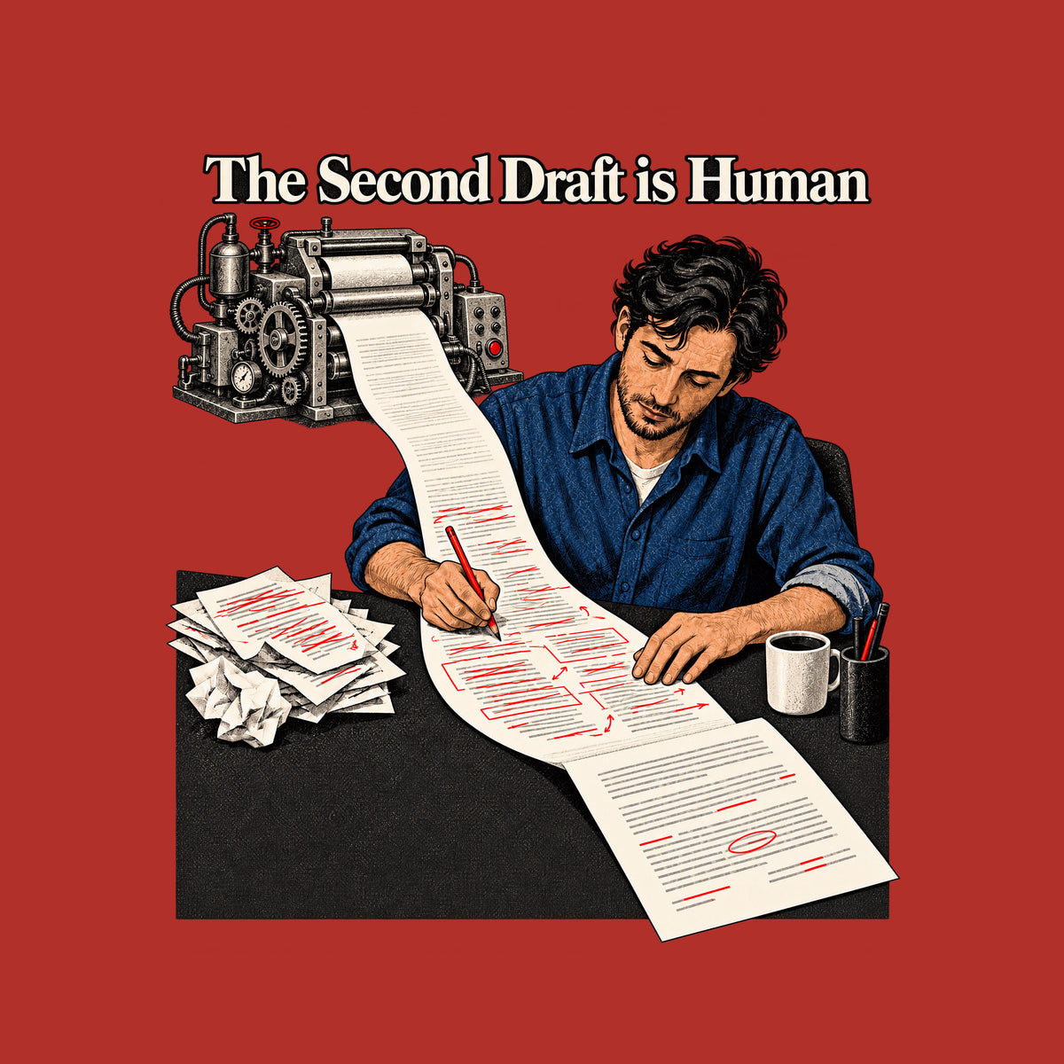 Illustration of a man with dark wavy hair making red-pencil corrections on a long paper scroll fed by an ornate mechanical drafting machine, beside a coffee mug and crumpled discarded pages, under the headline "The Second Draft is Human." Artwork shown on the Red garment colour.