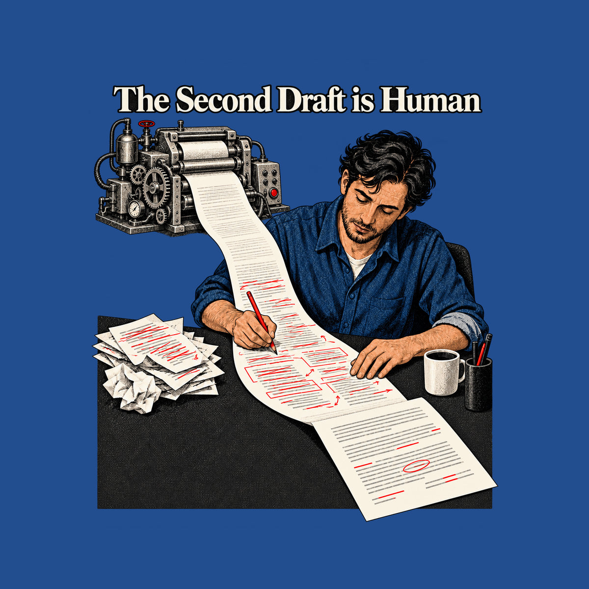 Illustration of a man with dark wavy hair making red-pencil corrections on a long paper scroll fed by an ornate mechanical drafting machine, beside a coffee mug and crumpled discarded pages, under the headline "The Second Draft is Human." Artwork shown on the Royal garment colour.