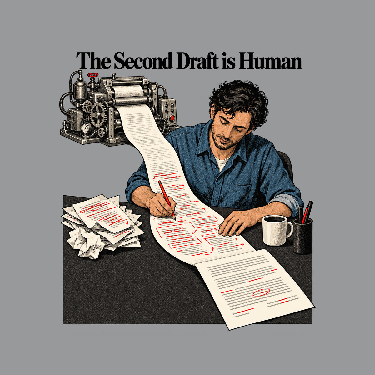 Illustration of a man with dark wavy hair making red-pencil corrections on a long paper scroll fed by an ornate mechanical drafting machine, beside a coffee mug and crumpled discarded pages, under the headline "The Second Draft is Human." Artwork shown on the Sport Grey garment colour.