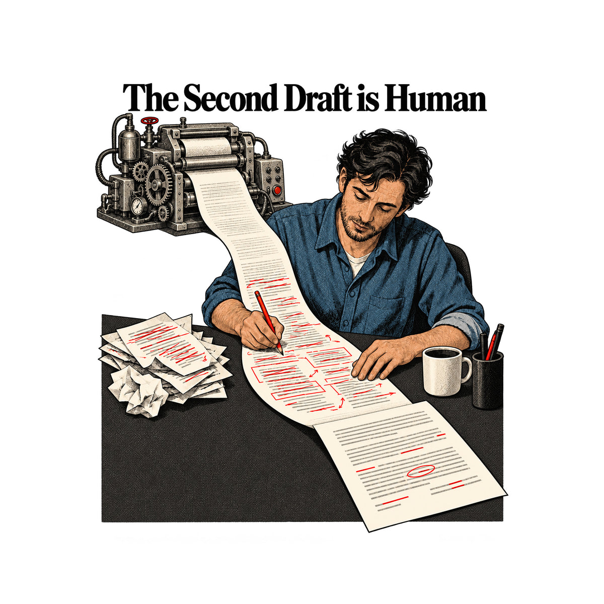 Illustration of a man with dark wavy hair making red-pencil corrections on a long paper scroll fed by an ornate mechanical drafting machine, beside a coffee mug and crumpled discarded pages, under the headline "The Second Draft is Human." Artwork shown on the White garment colour.