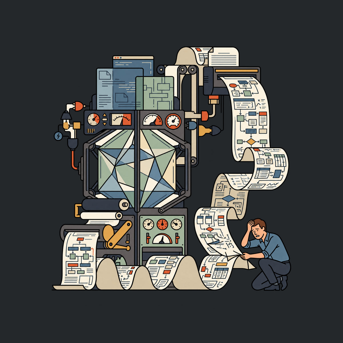 Illustration of an ornate mechanical apparatus with a glass chamber, unspooling a paper ribbon covered in flowcharts. A kneeling person lifts the paper, hand pressed to forehead, looking confused. Cream background, charcoal linework. Artwork shown on the Black garment colour.