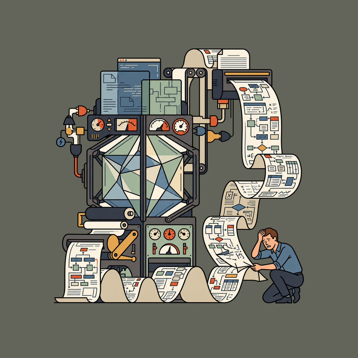 Illustration of an ornate mechanical apparatus with a glass chamber, unspooling a paper ribbon covered in flowcharts. A kneeling person lifts the paper, hand pressed to forehead, looking confused. Cream background, charcoal linework. Artwork shown on the Military Green garment colour.