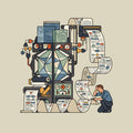 Illustration of an ornate mechanical apparatus with a glass chamber, unspooling a paper ribbon covered in flowcharts. A kneeling person lifts the paper, hand pressed to forehead, looking confused. Cream background, charcoal linework. Artwork shown on the Natural garment colour.