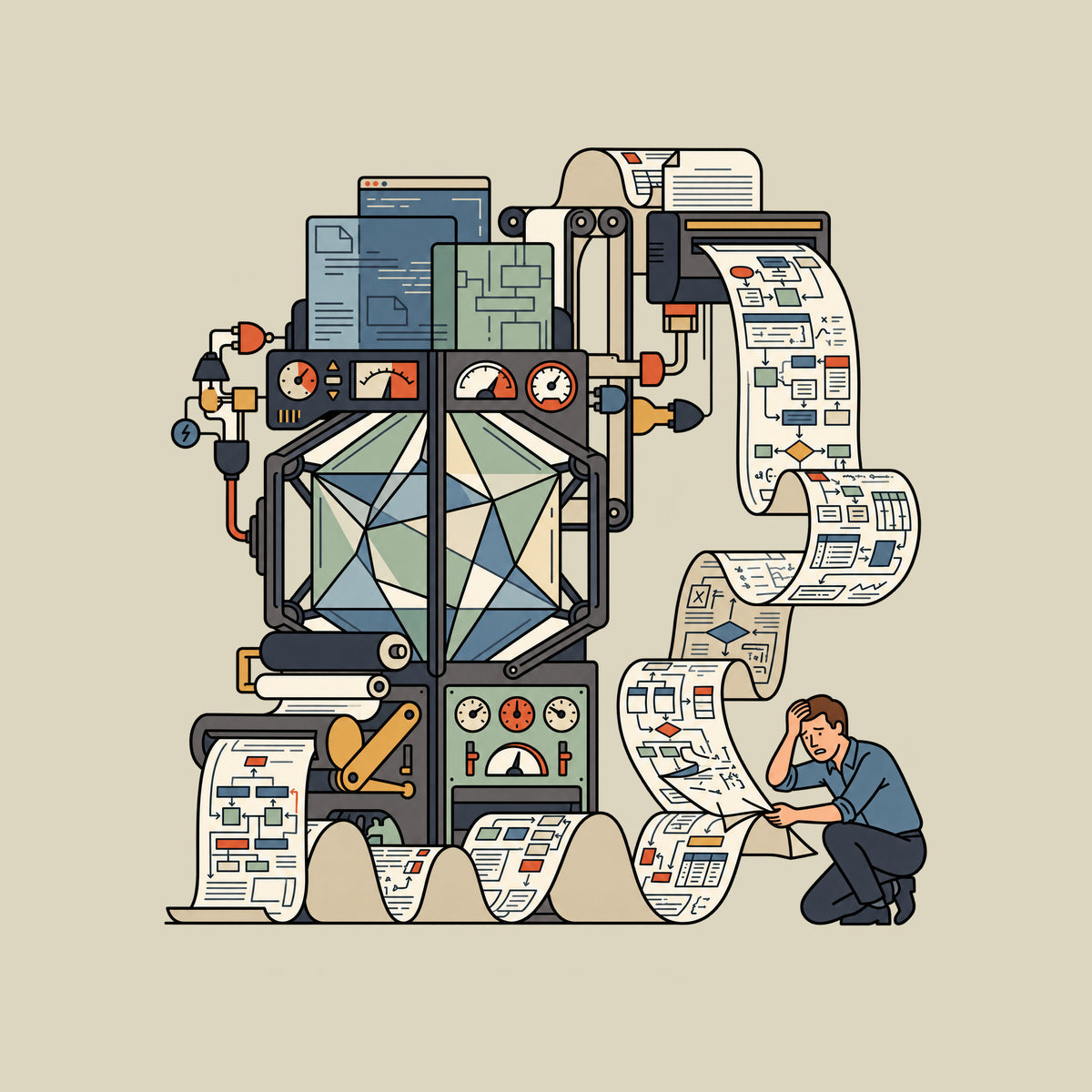 Illustration of an ornate mechanical apparatus with a glass chamber, unspooling a paper ribbon covered in flowcharts. A kneeling person lifts the paper, hand pressed to forehead, looking confused. Cream background, charcoal linework. Artwork shown on the Natural garment colour.