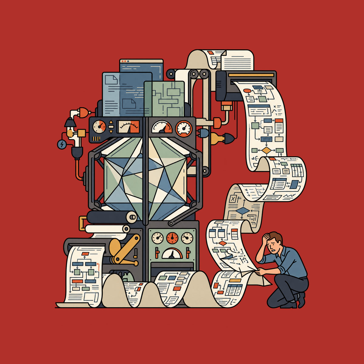 Illustration of an ornate mechanical apparatus with a glass chamber, unspooling a paper ribbon covered in flowcharts. A kneeling person lifts the paper, hand pressed to forehead, looking confused. Cream background, charcoal linework. Artwork shown on the Red garment colour.