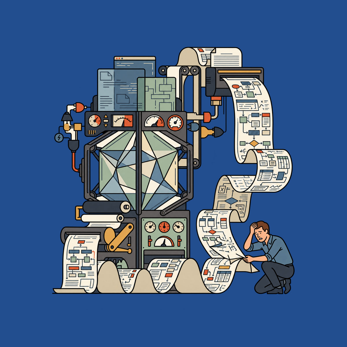 Illustration of an ornate mechanical apparatus with a glass chamber, unspooling a paper ribbon covered in flowcharts. A kneeling person lifts the paper, hand pressed to forehead, looking confused. Cream background, charcoal linework. Artwork shown on the Royal garment colour.