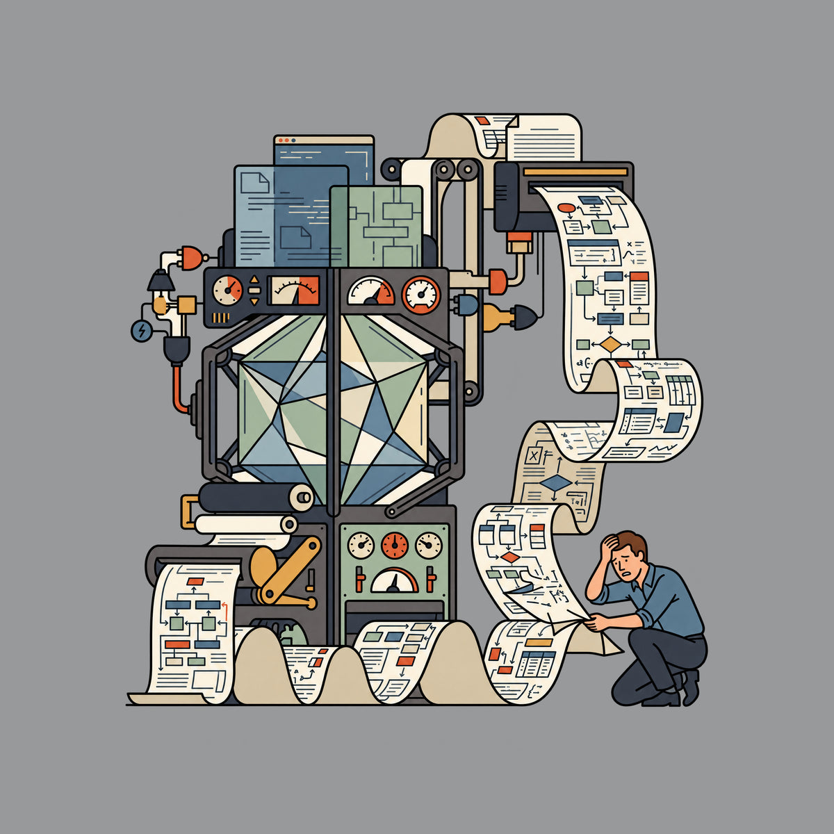 Illustration of an ornate mechanical apparatus with a glass chamber, unspooling a paper ribbon covered in flowcharts. A kneeling person lifts the paper, hand pressed to forehead, looking confused. Cream background, charcoal linework. Artwork shown on the Sport Grey garment colour.