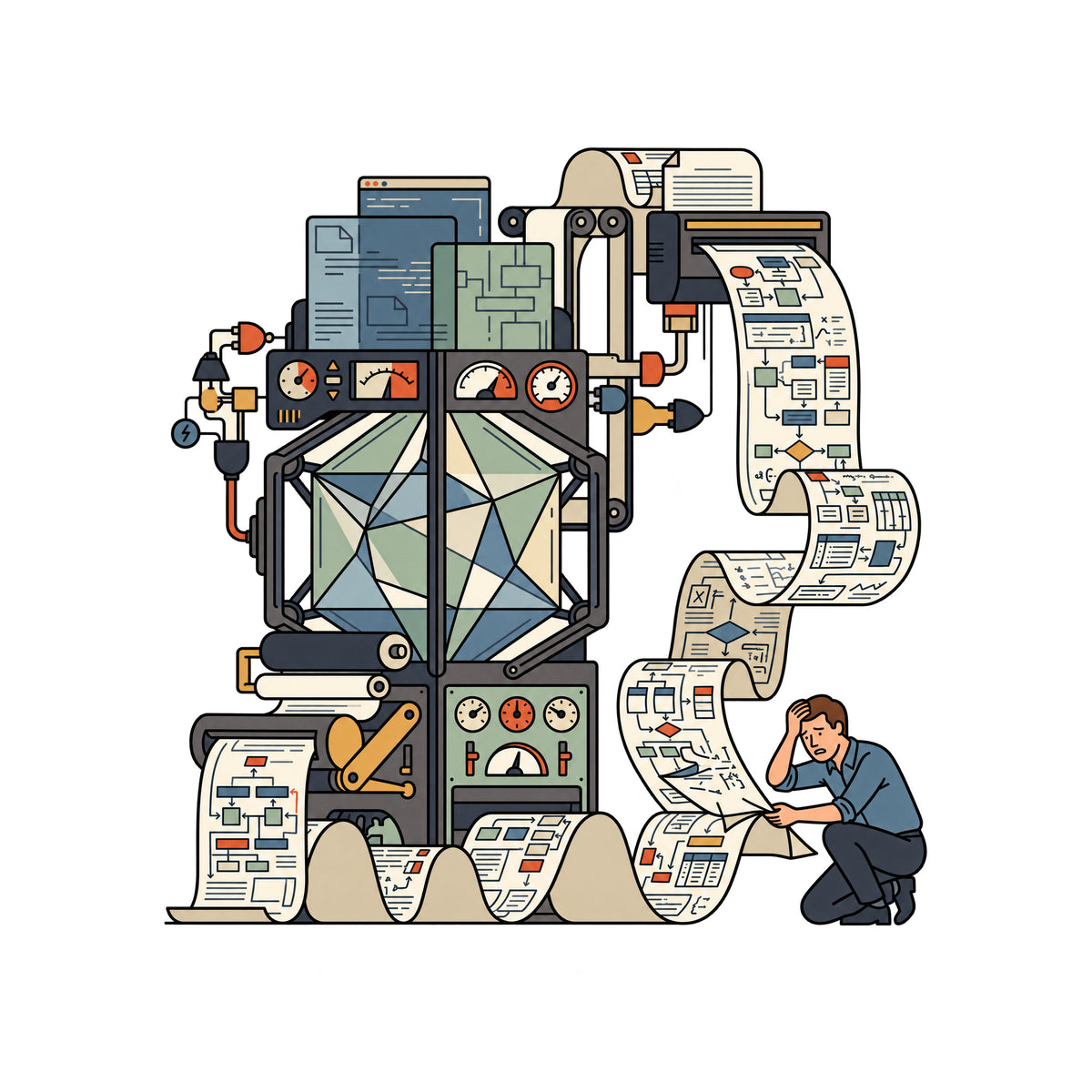 Illustration of an ornate mechanical apparatus with a glass chamber, unspooling a paper ribbon covered in flowcharts. A kneeling person lifts the paper, hand pressed to forehead, looking confused. Cream background, charcoal linework. Artwork shown on the White garment colour.