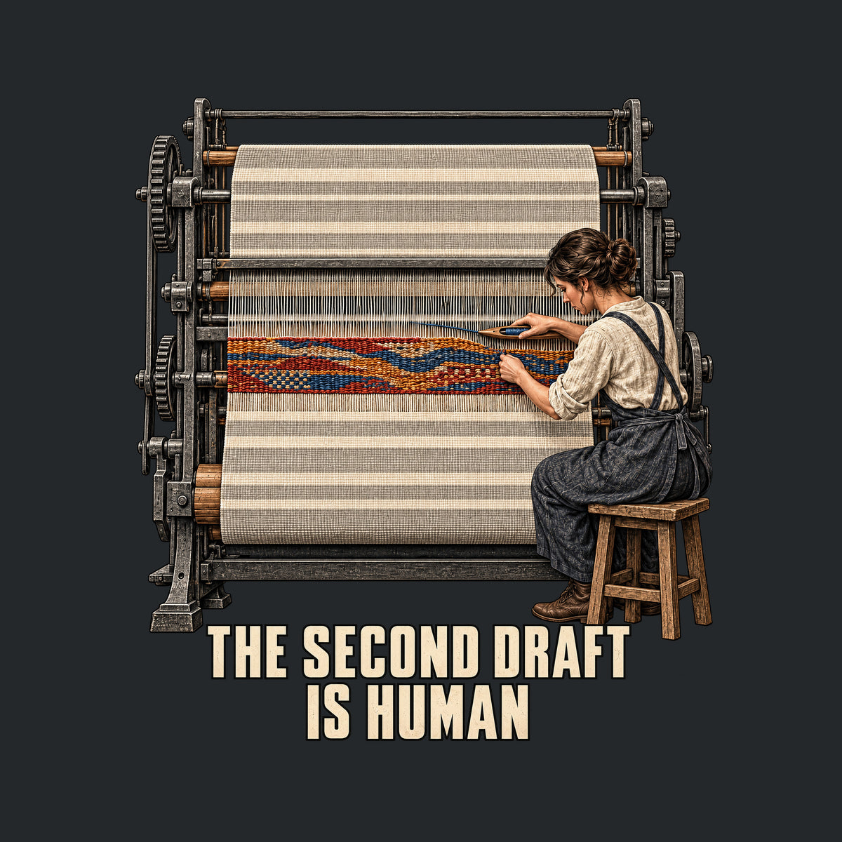 Illustration of an industrial loom weaving cream and gray cloth. A seated craftsperson hand-weaves a red, ochre and blue band across a gap using a wooden shuttle. Text below reads THE SECOND DRAFT IS HUMAN. Artwork shown on the Black garment colour.
