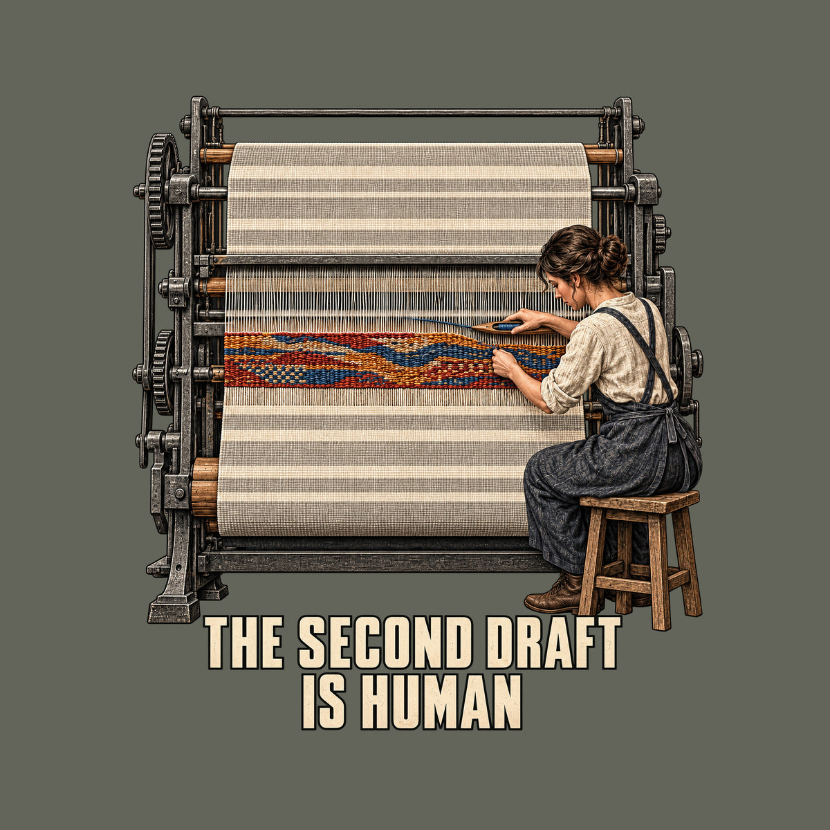 Illustration of an industrial loom weaving cream and gray cloth. A seated craftsperson hand-weaves a red, ochre and blue band across a gap using a wooden shuttle. Text below reads THE SECOND DRAFT IS HUMAN. Artwork shown on the Military Green garment colour.