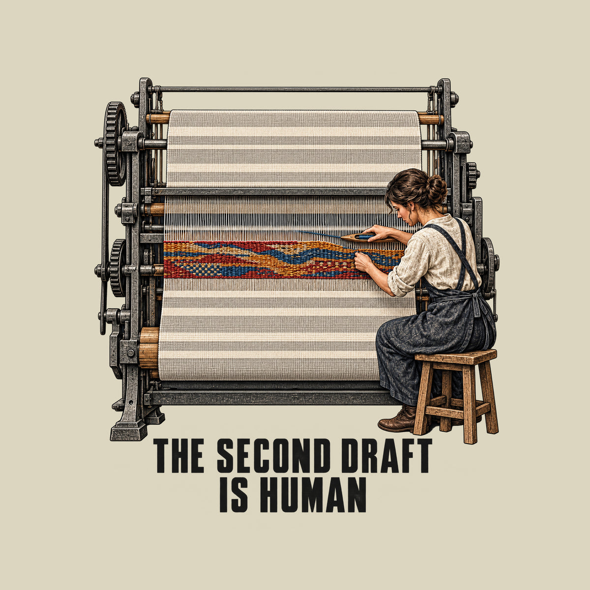 Illustration of an industrial loom weaving cream and gray cloth. A seated craftsperson hand-weaves a red, ochre and blue band across a gap using a wooden shuttle. Text below reads THE SECOND DRAFT IS HUMAN. Artwork shown on the Natural garment colour.