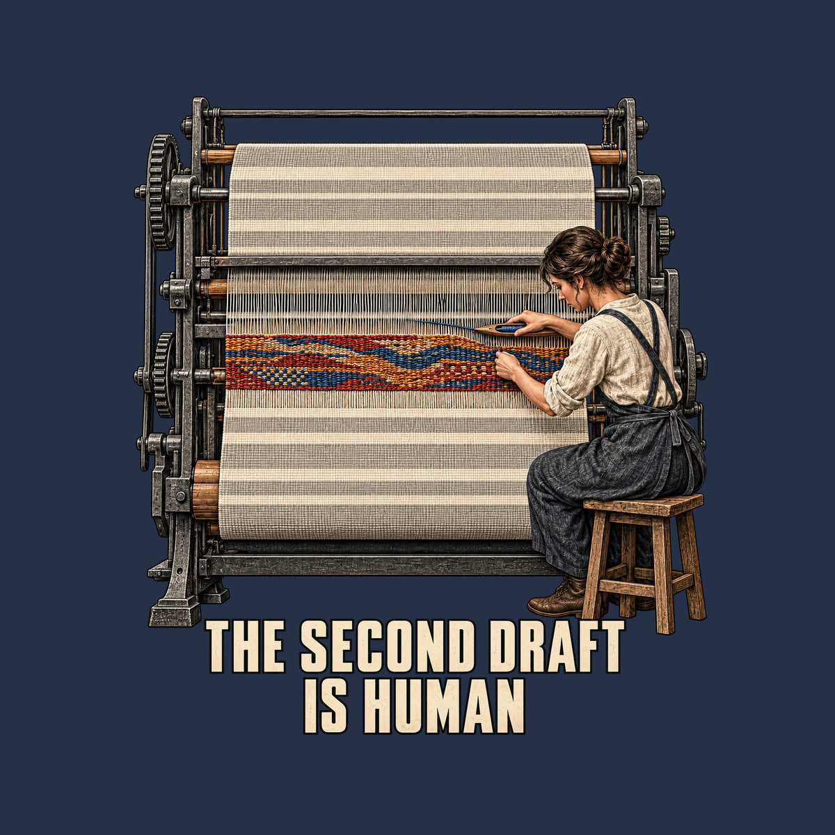 Illustration of an industrial loom weaving cream and gray cloth. A seated craftsperson hand-weaves a red, ochre and blue band across a gap using a wooden shuttle. Text below reads THE SECOND DRAFT IS HUMAN. Artwork shown on the Navy garment colour.