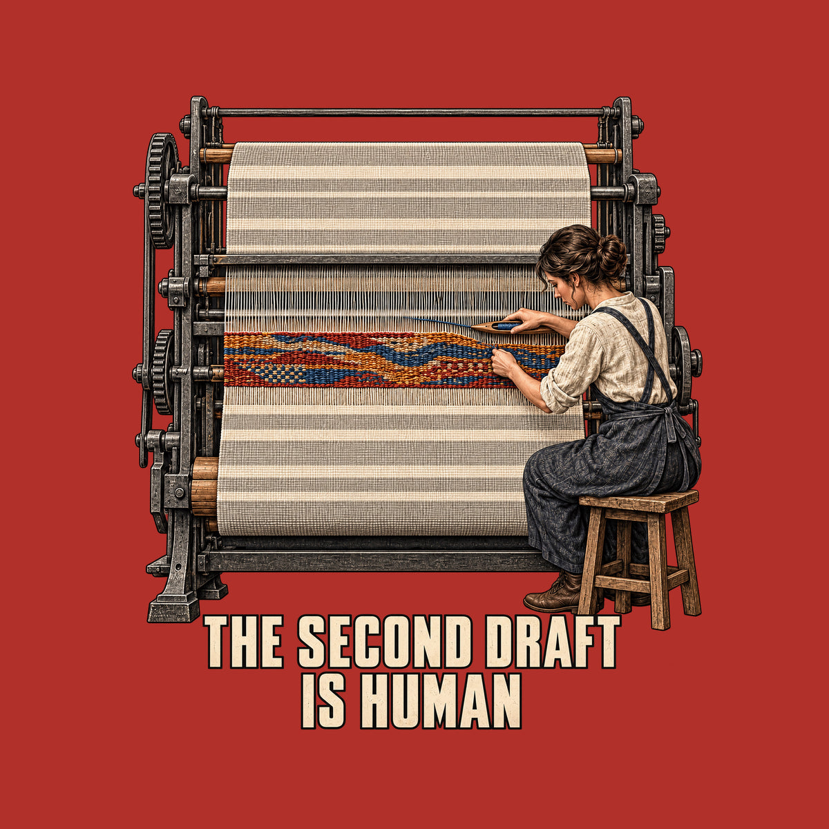 Illustration of an industrial loom weaving cream and gray cloth. A seated craftsperson hand-weaves a red, ochre and blue band across a gap using a wooden shuttle. Text below reads THE SECOND DRAFT IS HUMAN. Artwork shown on the Red garment colour.