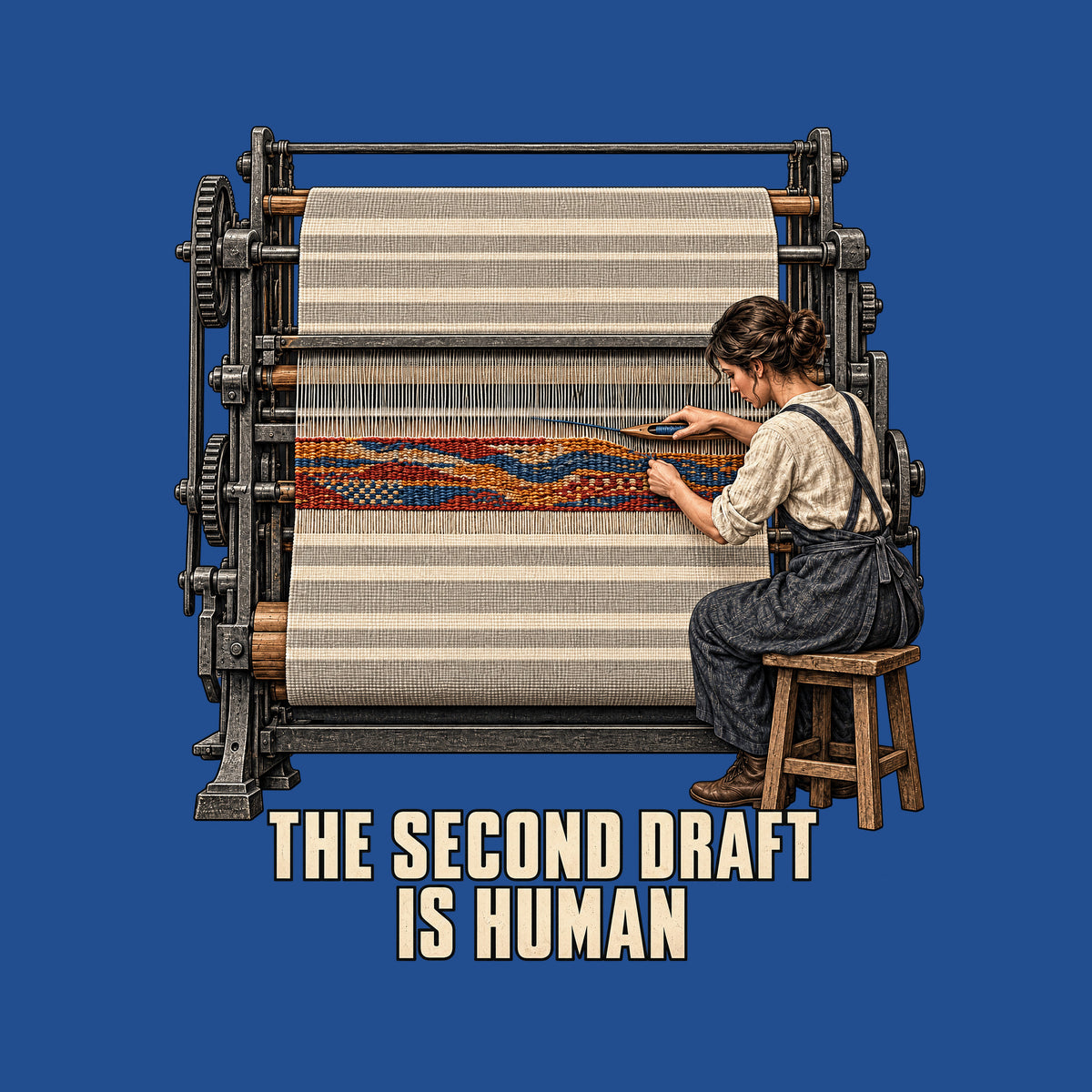 Illustration of an industrial loom weaving cream and gray cloth. A seated craftsperson hand-weaves a red, ochre and blue band across a gap using a wooden shuttle. Text below reads THE SECOND DRAFT IS HUMAN. Artwork shown on the Royal garment colour.