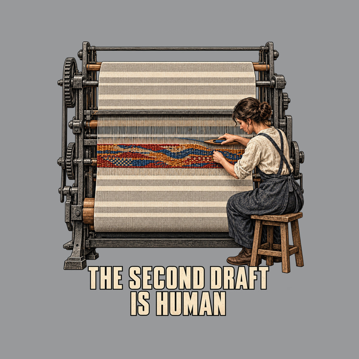 Illustration of an industrial loom weaving cream and gray cloth. A seated craftsperson hand-weaves a red, ochre and blue band across a gap using a wooden shuttle. Text below reads THE SECOND DRAFT IS HUMAN. Artwork shown on the Sport Grey garment colour.
