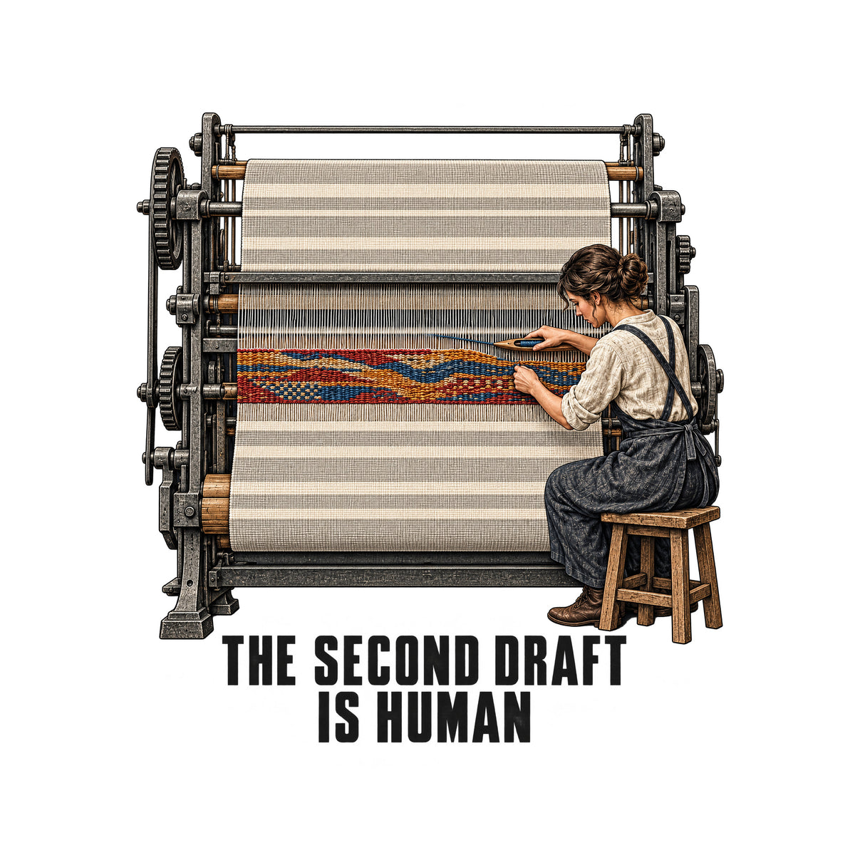 Illustration of an industrial loom weaving cream and gray cloth. A seated craftsperson hand-weaves a red, ochre and blue band across a gap using a wooden shuttle. Text below reads THE SECOND DRAFT IS HUMAN. Artwork shown on the White garment colour.