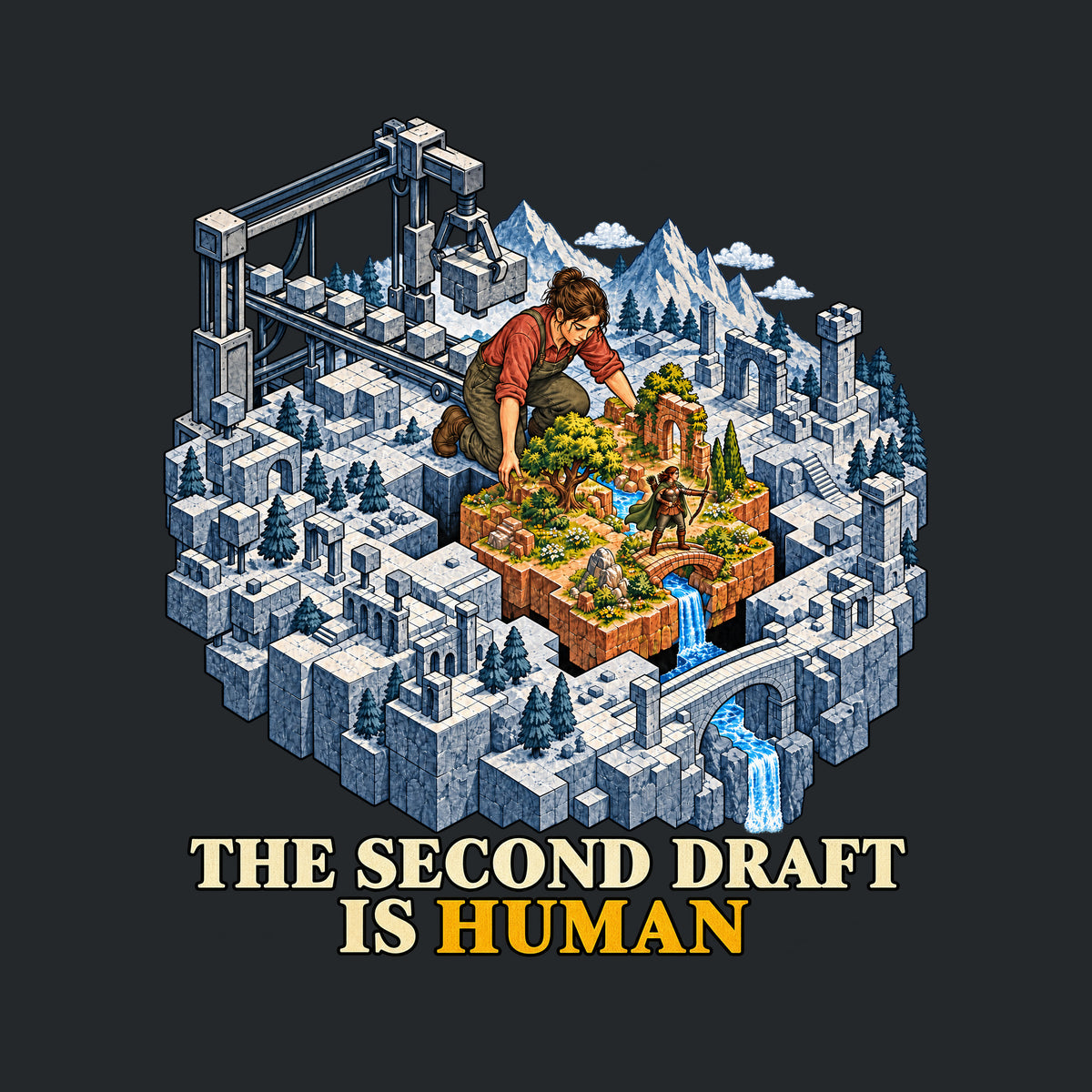 Isometric art: a gray machine-built fantasy world with a gantry crane, and a kneeling woman installing a living patch of trees, flowers, a stream, bridge and waterfall, with a small archer inside. Text reads THE SECOND DRAFT IS HUMAN, HUMAN in red. Artwork shown on the Black garment colour.