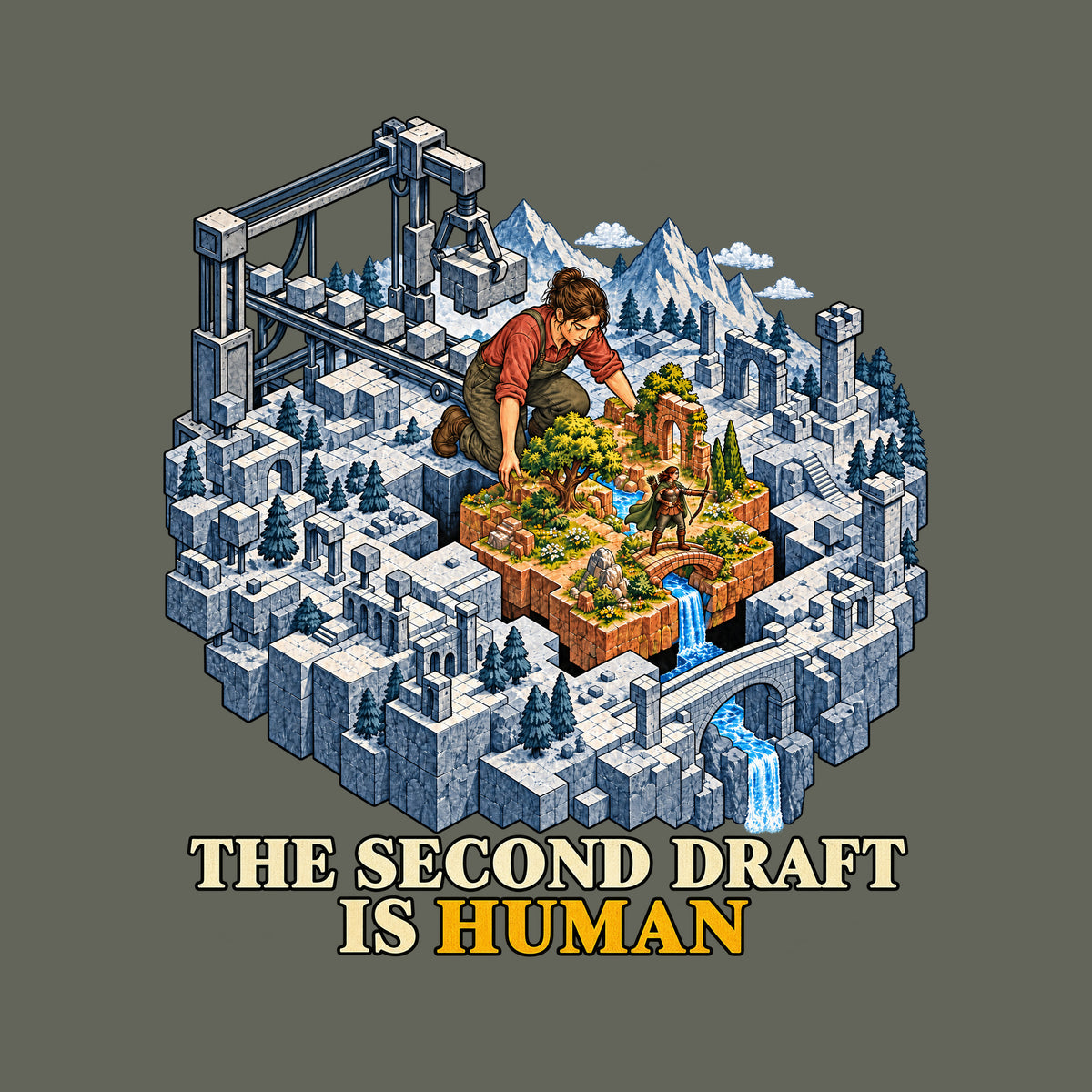 Isometric art: a gray machine-built fantasy world with a gantry crane, and a kneeling woman installing a living patch of trees, flowers, a stream, bridge and waterfall, with a small archer inside. Text reads THE SECOND DRAFT IS HUMAN, HUMAN in red. Artwork shown on the Military Green garment colour.