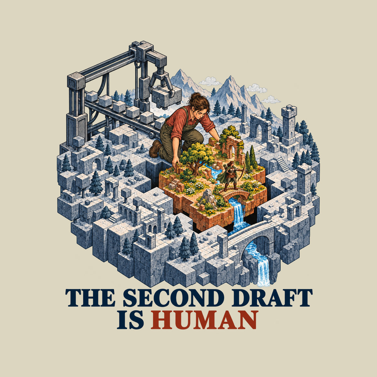 Isometric art: a gray machine-built fantasy world with a gantry crane, and a kneeling woman installing a living patch of trees, flowers, a stream, bridge and waterfall, with a small archer inside. Text reads THE SECOND DRAFT IS HUMAN, HUMAN in red. Artwork shown on the Natural garment colour.