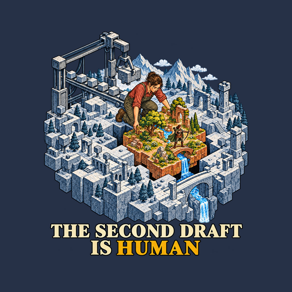 Isometric art: a gray machine-built fantasy world with a gantry crane, and a kneeling woman installing a living patch of trees, flowers, a stream, bridge and waterfall, with a small archer inside. Text reads THE SECOND DRAFT IS HUMAN, HUMAN in red. Artwork shown on the Navy garment colour.