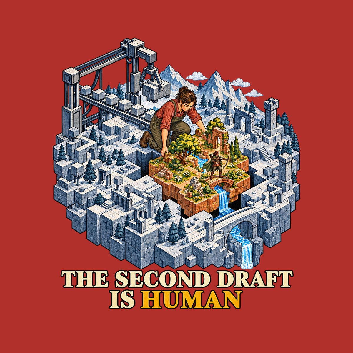 Isometric art: a gray machine-built fantasy world with a gantry crane, and a kneeling woman installing a living patch of trees, flowers, a stream, bridge and waterfall, with a small archer inside. Text reads THE SECOND DRAFT IS HUMAN, HUMAN in red. Artwork shown on the Red garment colour.